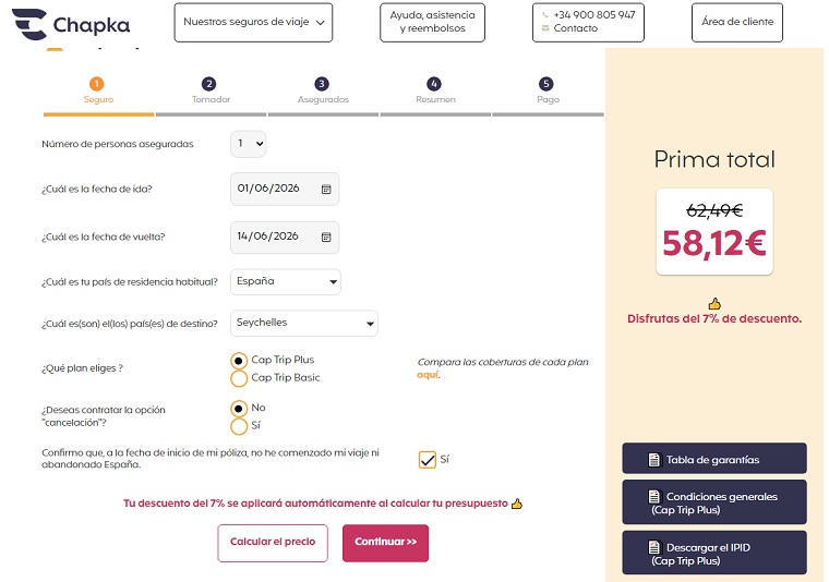 Precio seguro viaje a Seychelles