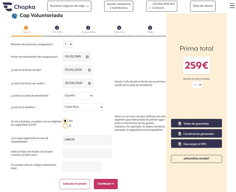 Precio seguro de viaje de voluntariado